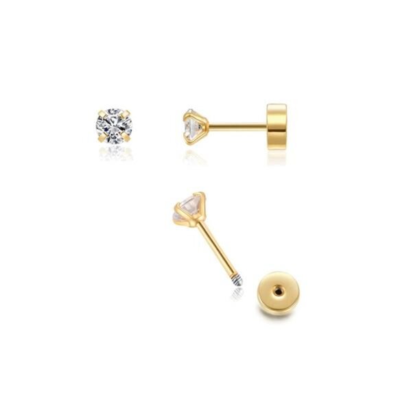 3mm Tiny CZ Screw on FlatBack Stud Earrings,Gold Plated Flat Back Cubic Zirconia - Picture 1 of 8